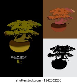 Japanese bonsai tree of Paper carve style, plant silhouette icons on white background, Black silhouette of bonsai. Detailed image. Vector. paper art.