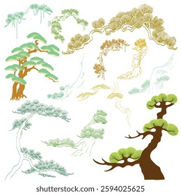 Japanese Bonsai tree pattern in vintage style. Abstract art landscape banner design with Hand drawn line natural texture vector.