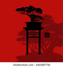 Japanese bonsai tree , plant silhouette icons on red background, Black silhouette of bonsai. Detailed image. Vector