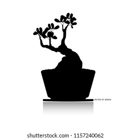 Japanese bonsai tree, plant silhouette icons on white background, Black silhouette of Chinese bonsai. Detailed image. mini trees in pot.