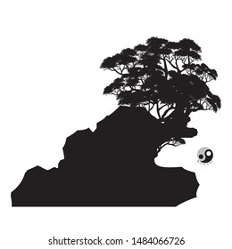 Japanese bonsai tree and stone ,  Black silhouette of bonsai. Detailed image. Vector