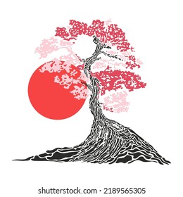 Japanese bonsai tree. Tree and sun icon. Bonsai silhouette vector illustration on isolated white background. Ecology, nature, bio concept. Sunset with tree silhouette. Design template.