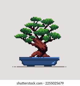 Japanese bonsai trees, in the style of pixel art. Beautiful realistic tree. Bonsai style tree. Decorative small tree. Vector isolated background.