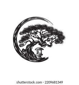 Japanese Bonsai Vector Logo Template. Life logo illustrating a bonsai tree strength. This concept could be used for recycling, environment associations, landscape business.