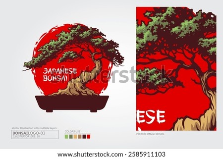 Japanese Bonsai Vector Logo Template. Illustration this beautiful tree is a symbol of life, strength a good health.