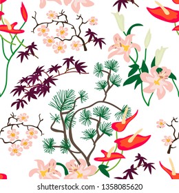 Japanese botanical print. Seamless floral pattern with maple branches, callas, blooming sakura and other plants. Oriental collection. On light background.