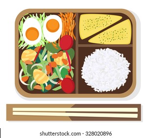 Japanese Box Lunch (Bento) Fried Vegetables And Egg. Vector Illustration 