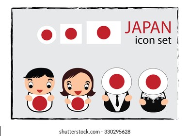 Japanese boy, girl, businessman, business women cartoon vector illustration and japanese round square and normal flag icon set
