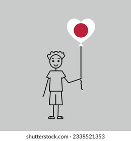 japanese boy, love japan sketch, boy with a heart shaped balloon, black line vector illustration