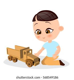 Japanese boy with toy car. Boy playing car. Vector illustration eps 10 isolated on white background. Flat cartoon style