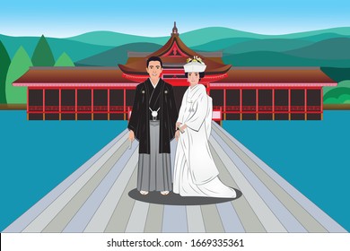 Japanese bride and groom dress in formal wedding Kimono and Hakama background with japan shinto shrine in the sea drawing in vector