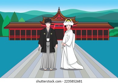 Japanese bride and groom dress in formal wedding Kimono and Hakama background with shinto shrine drawing in cartoon vector