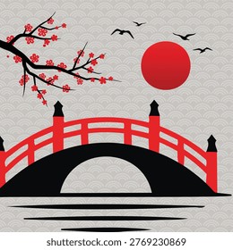 Japanese bridge landscape vector with red sun, cherry blossoms, and birds, clean oriental style illustration perfect for travel, culture themes, posters, and decorative designs.