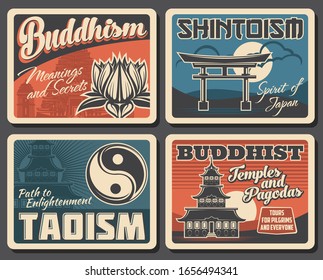 Japanese Buddhism, Shintoism and Taoism religion vector vintage posters. Japanese Buddhist religious travel and pilgrim tours to worship shrines, Shinto temples and Tao pagodas