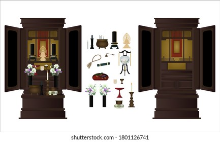 Japanese Buddhist altar vector illustration material set