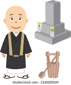 Japanese  Buddhist monk, tomb and water bucket. Japanese ask a Buddhist priest to perform the memorial service.