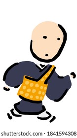 Japanese Buddhist Priest running : Hand drawn vector illustration like woodblock print