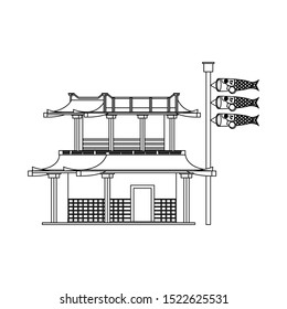 Japanese building and Japanese Koinobori fish carps flags over white background, vector illustration