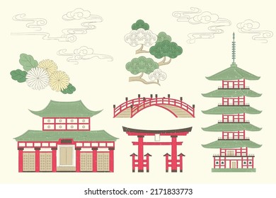 Japanese buildings including torii, bridge with natural elements of flowers, trees and clouds elements illustrated in vintage ink style on beige background