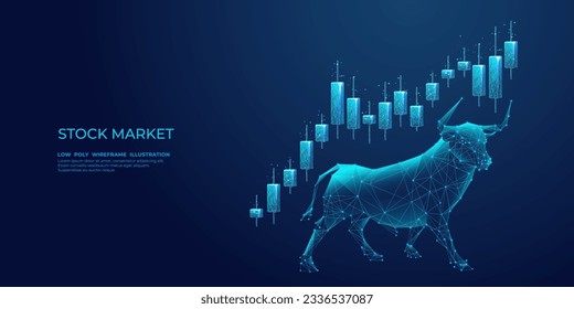 Japanischer Bull und Kerzenschein auf technologisch blauem Hintergrund. Börse- oder Finanztechnologiekonzept. Low-Poly-Wireframe-Vektorgrafik. Polygonal Bull mit futuristischen Elementen.