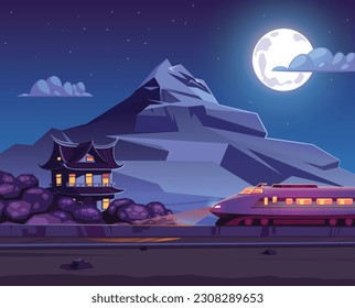 Japanese bullet train and traditional building with Fuji Mountain in background landscape vector illustration