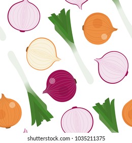Japanese bunching onion and onions seamless pattern and vector.