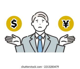 A Japanese Business Owner Worried About Fluctuations In The Foreign Exchange Market. Japanese Yen And US Dollar.