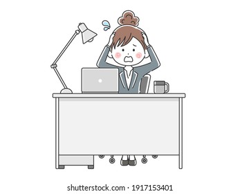 A Japanese business woman holding her head at desk work.