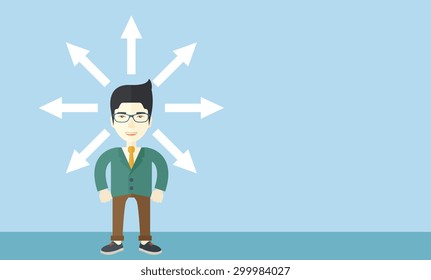 A japanese businessman being confused with too many directions, presenting with arrows, to make decision. A Contemporary style with pastel palette, soft blue tinted background. Vector flat design