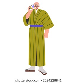 Concepto de hombre de negocios japonés. Un personaje de dibujos animados masculino senior con atuendo tradicional que sostiene gafas. Ejecutivo Adultos de la cultura. Ilustración vectorial.