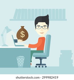 A Japanese Businessman sitting infront of his table working at a laptop searching and browsing with bag of money on hand inside the office. Business concept. A contemporary style with pastel palette