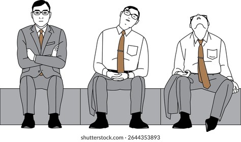Um empresário japonês sentado. Ilustração vetorial de um homem com os braços cruzados e cochilando