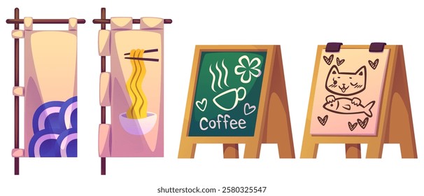 Japanese cafe entrance decorations - traditional noren curtains with wave and ramen design, wooden A frame chalkboard with coffee cup and cute cat with fish doodles. Oriental restaurant street element