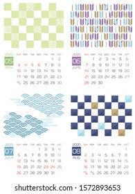 Japanese calendar template for 2020 year. Japanese pattern. May, June, July, August