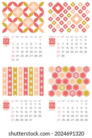 Japanese calendar template for 2022 year. Japanese pattern. January, February, March, April