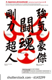 Japanese calligraphy with explanation(kanji Characters): expressing a powerful figure both-1:Vector