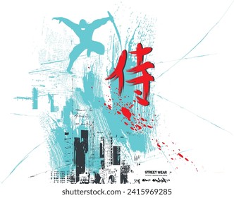 Japanese calligraphy (Kanji), chinese characters “SAMURAI”.graffiti slogan print with neon spray, t shirt graphics print grunge design, vector grunge background, print t shirt graphics designs, Urban 