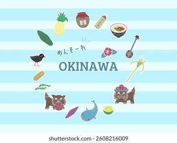 Japanese calligraphy means hello. It is Okinawa trip image famous food and culture design. 