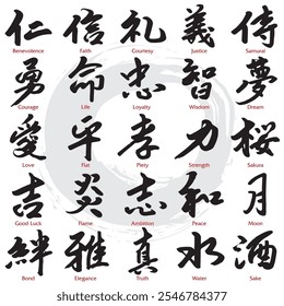 Japanische Kalligraphie Übersetzung: Wohlwollen, Glaube, Höflichkeit, Gerechtigkeit, Samurai, Mut, Leben, Loyalität, Weisheit, Traum, Liebe, Wohnung, Peity, Stärke, Sakura, Glück, Flamme, Ehrgeiz, Frieden, Mond, Bond und so weiter.