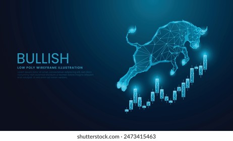 Japanese candlestick and Bullish Market Concept. Trading and Bull Low Poly Wireframe Vector Illustration on Technological Blue Background.