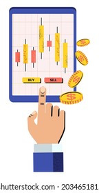 Japanese candlestick chart. Online trading. Financial market. Traders and stock brokers. Stock quotes and commodity prices. Flat vector illustration.