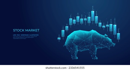 Japanese candlesticks and bear on a technology blue background. Stock market exchange or financial technology concept. Low poly wireframe vector illustration. Polygonal bear with futuristic elements.