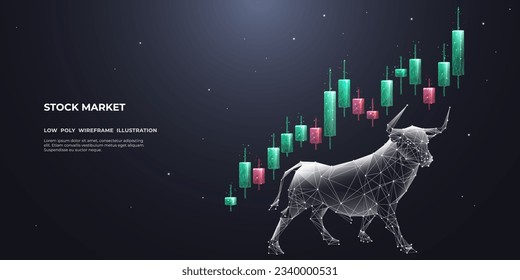 Japanese candlesticks and a Bull on dark background. Abstract Stock market exchange or financial technology concept. Low poly wireframe vector illustration. Polygonal bull with futuristic elements.