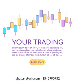 Japanese candlesticks graph pattern. Online trading, stock market analysis, business and investment, exchange. Vector flat illustration. Banner template.
