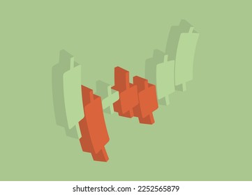 Japanische Kerzen, beliebtes technisches Analysetool für Stock-, Devisen- und Kryptomärkte. Umgekurvtes volumetrisches Design betont die Dynamik der Märkte und die Bedeutung der Visualisierung von Trends