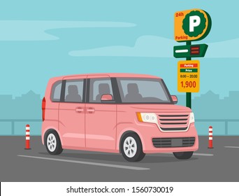 Japanese car parking. Perspective view of a new modern pink microvan. Flat vector illustration template.