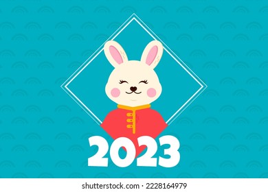 Japanese card with rabbit and 2023. Horoscope template. Modern blue background. New year design set 2023. Flat illustration. Festival season.