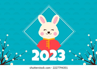 Japanese card with rabbit, flower and 2023. Horoscope template. Modern blue background. New year design set 2023. Flat illustration. Festival season.