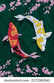 Japanese carp, brocade carp decorative domesticated fish, oriental style background, vector