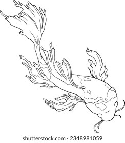 Japanese carp fish. Linear illustration, top view. Freehand drawing detailing the tail and fins. Vector image for quality printing. Japanese carp swims in the water. From the ZODIAC collection